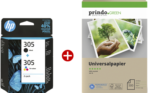 HP 305 black / more colours value pack + Prindo Green Recyclingpapier 500 Blatt
